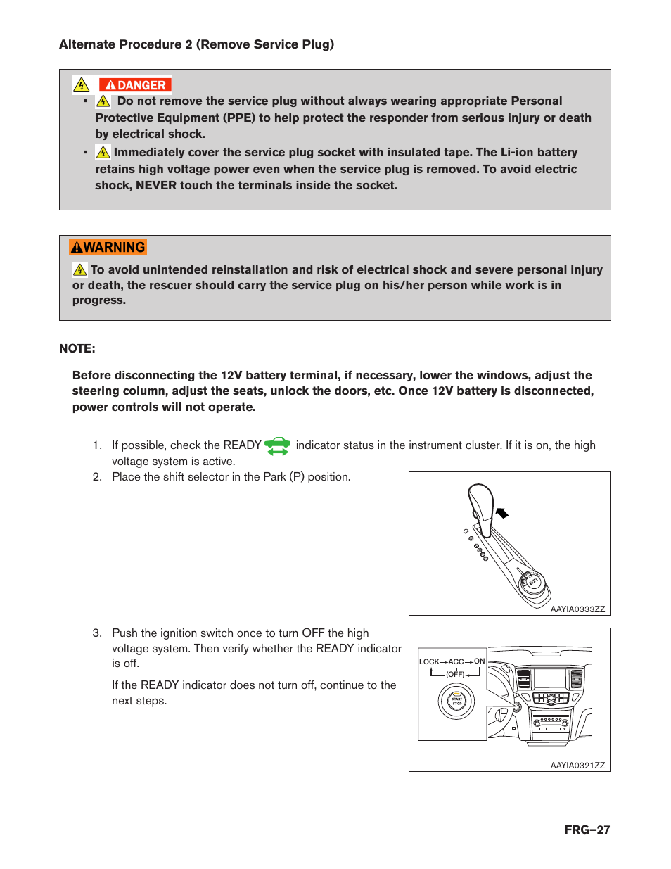 Alternate procedure 2 (remove, Service plug) (frg–27) | NISSAN 2014 Pathfinder Hybrid - First Responder's Guide User Manual | Page 27 / 45