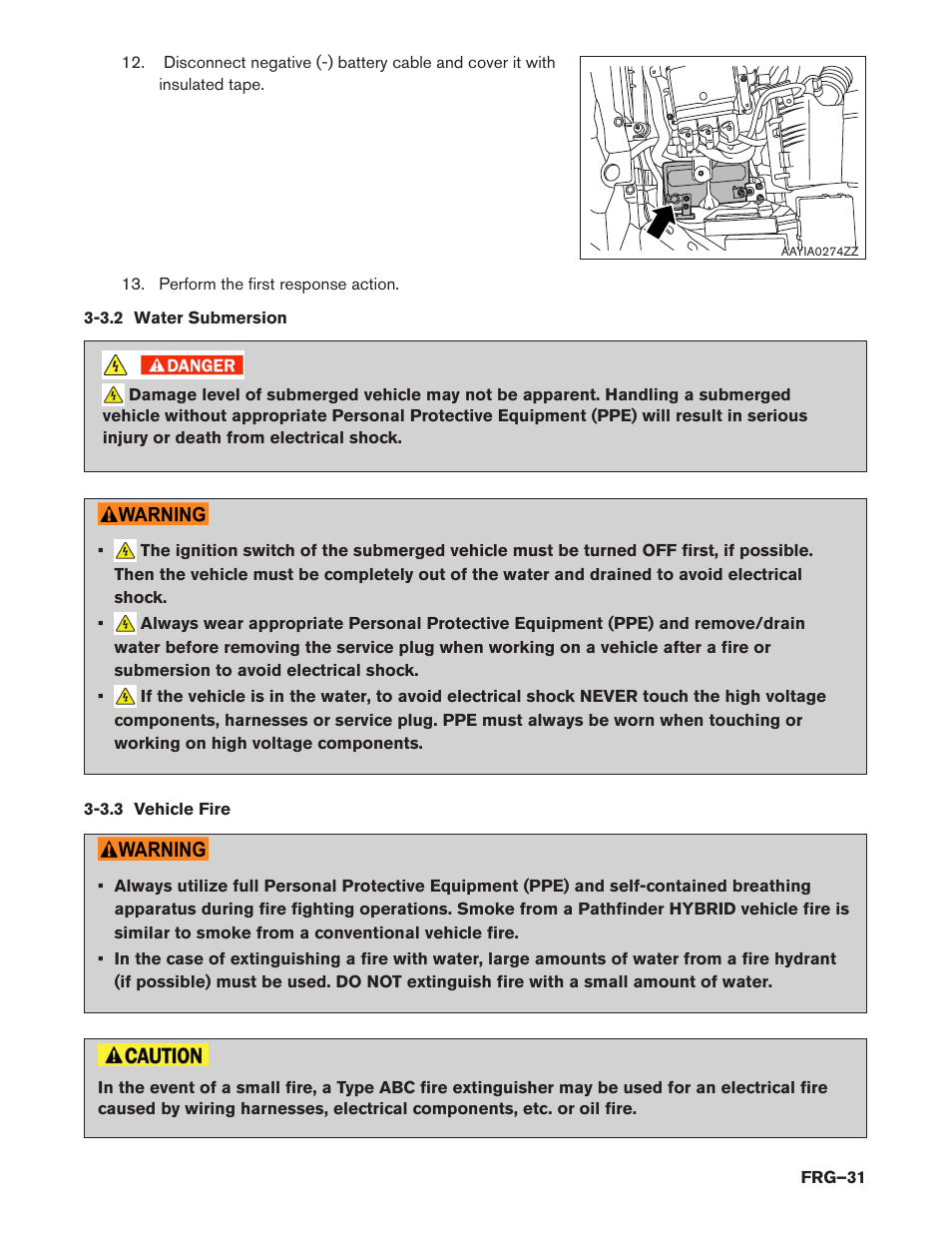 3.2 water submersion, 3.3 vehicle fire | NISSAN 2014 Pathfinder Hybrid - First Responder's Guide User Manual | Page 31 / 45