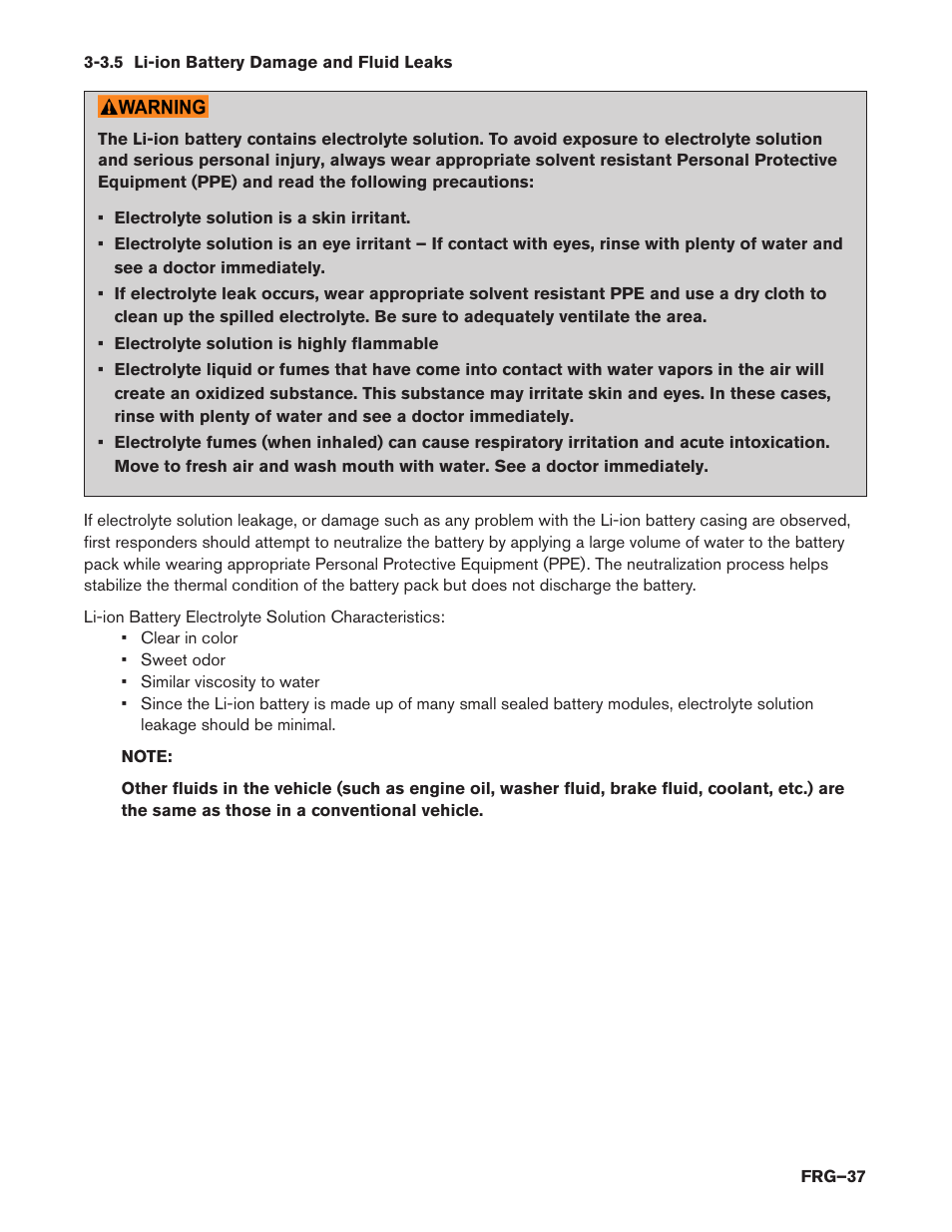 3.5 li-ion battery damage and fluid leaks | NISSAN 2014 Pathfinder Hybrid - First Responder's Guide User Manual | Page 37 / 45