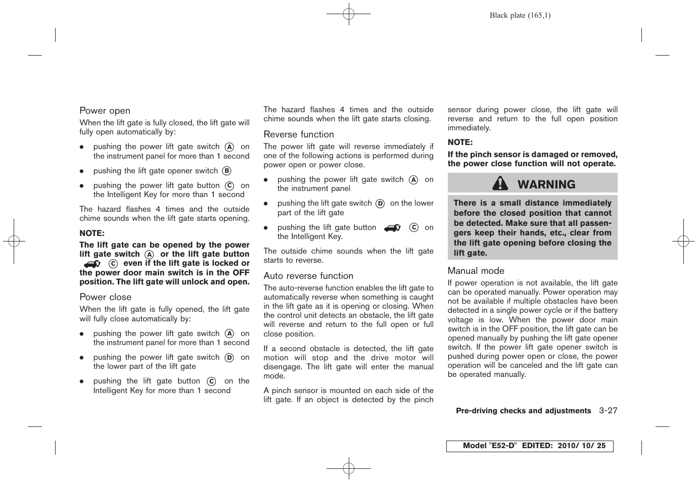 Warning | NISSAN 2011 Quest - Owner's Manual User Manual | Page 171 / 477