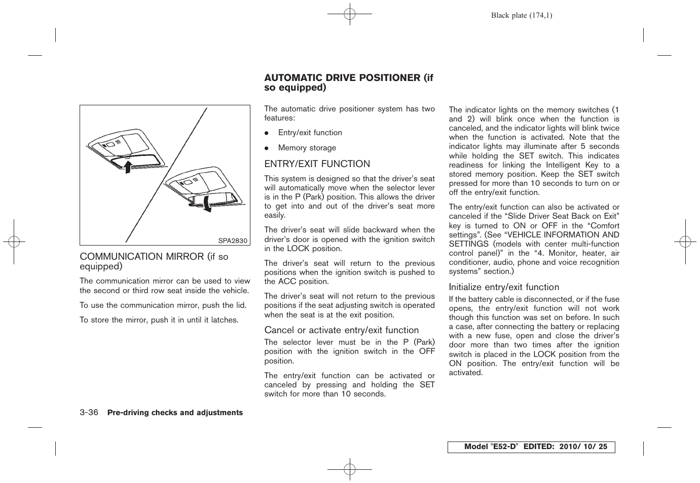 Communication mirror (if so equipped) -36, Automatic drive positioner (if so equipped) -36, Entry/exit function -36 | NISSAN 2011 Quest - Owner's Manual User Manual | Page 180 / 477