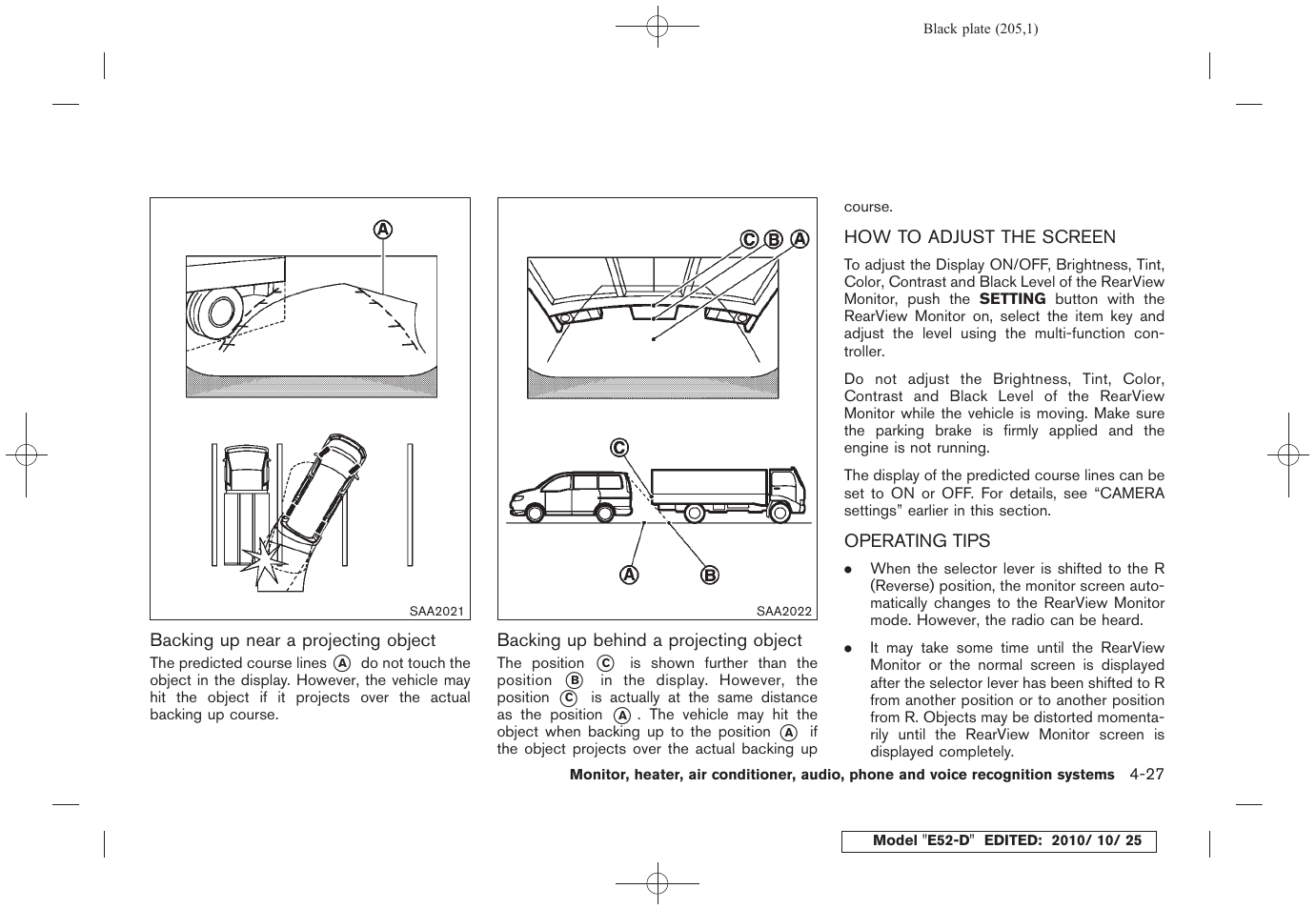 How to adjust the screen -27 operating tips -27 | NISSAN 2011 Quest - Owner's Manual User Manual | Page 211 / 477