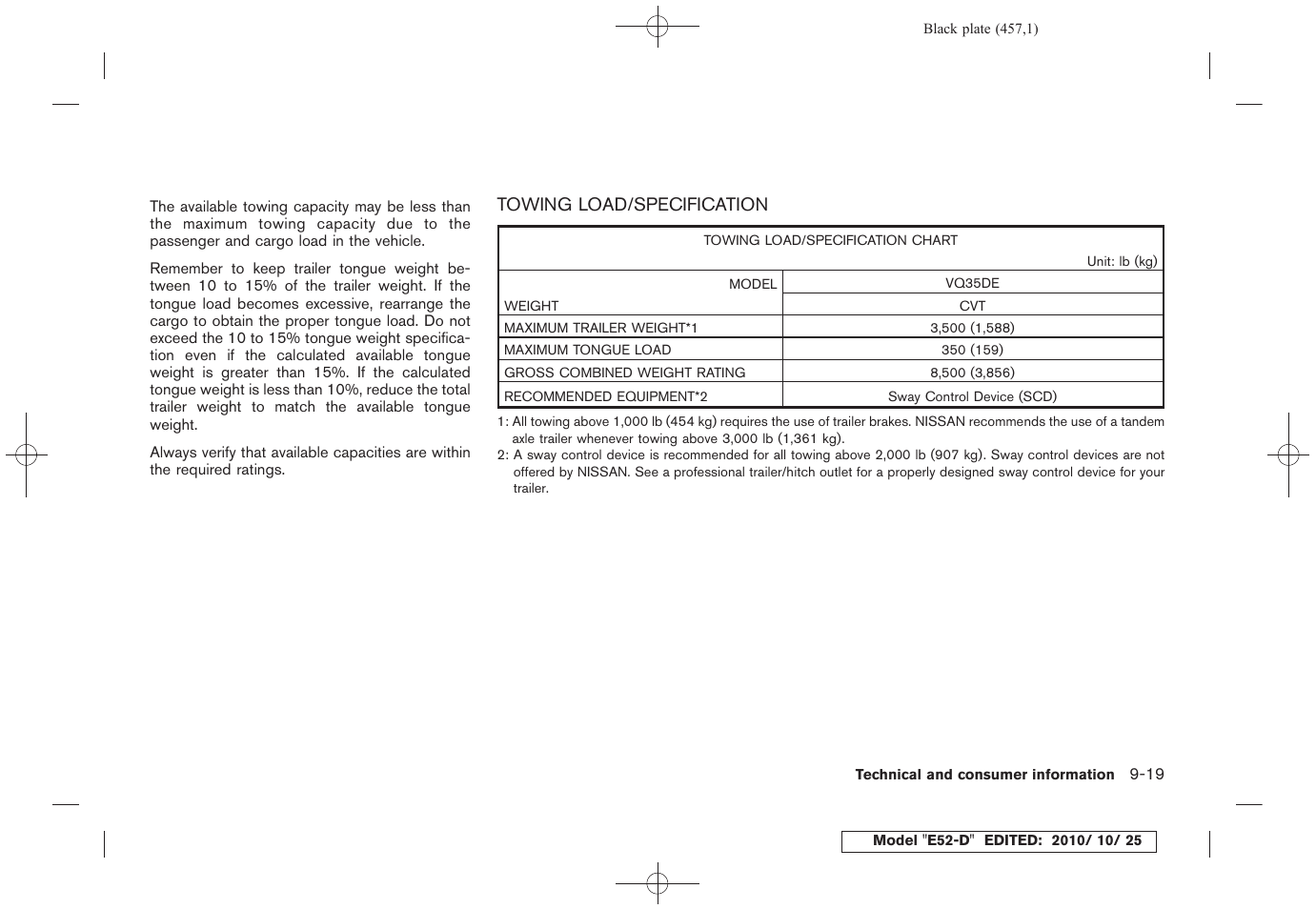 Towing load/specification -19 | NISSAN 2011 Quest - Owner's Manual User Manual | Page 459 / 477