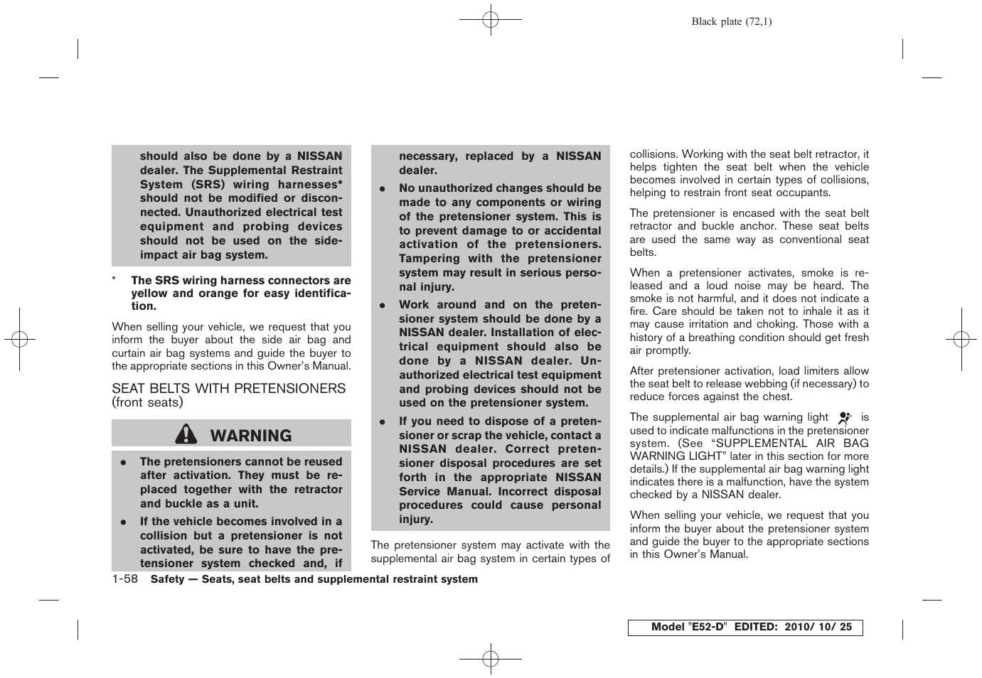 Seat belts with pretensioners (front seats) -58, Warning | NISSAN 2011 Quest - Owner's Manual User Manual | Page 78 / 477