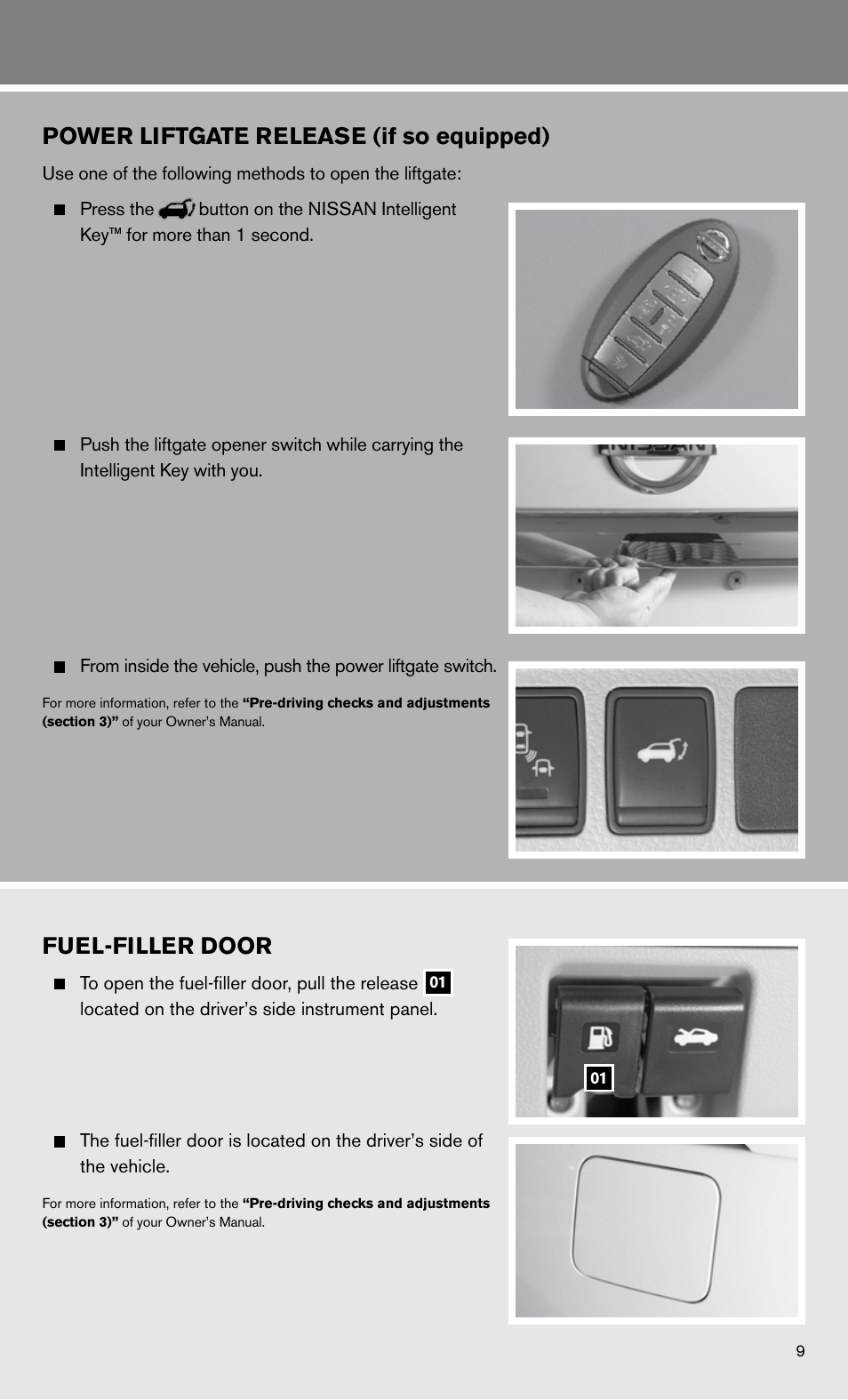 Power liftgate release (if so equipped), Fuel-filler door | NISSAN 2011 Quest - Quick Reference Guide User Manual | Page 11 / 16