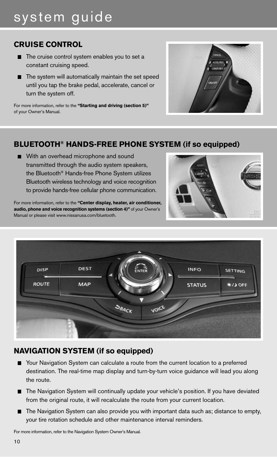 System guide, Cruise control, Bluetooth | Hands-free phone system (if so equipped), Navigation system (if so equipped) | NISSAN 2011 Quest - Quick Reference Guide User Manual | Page 12 / 16