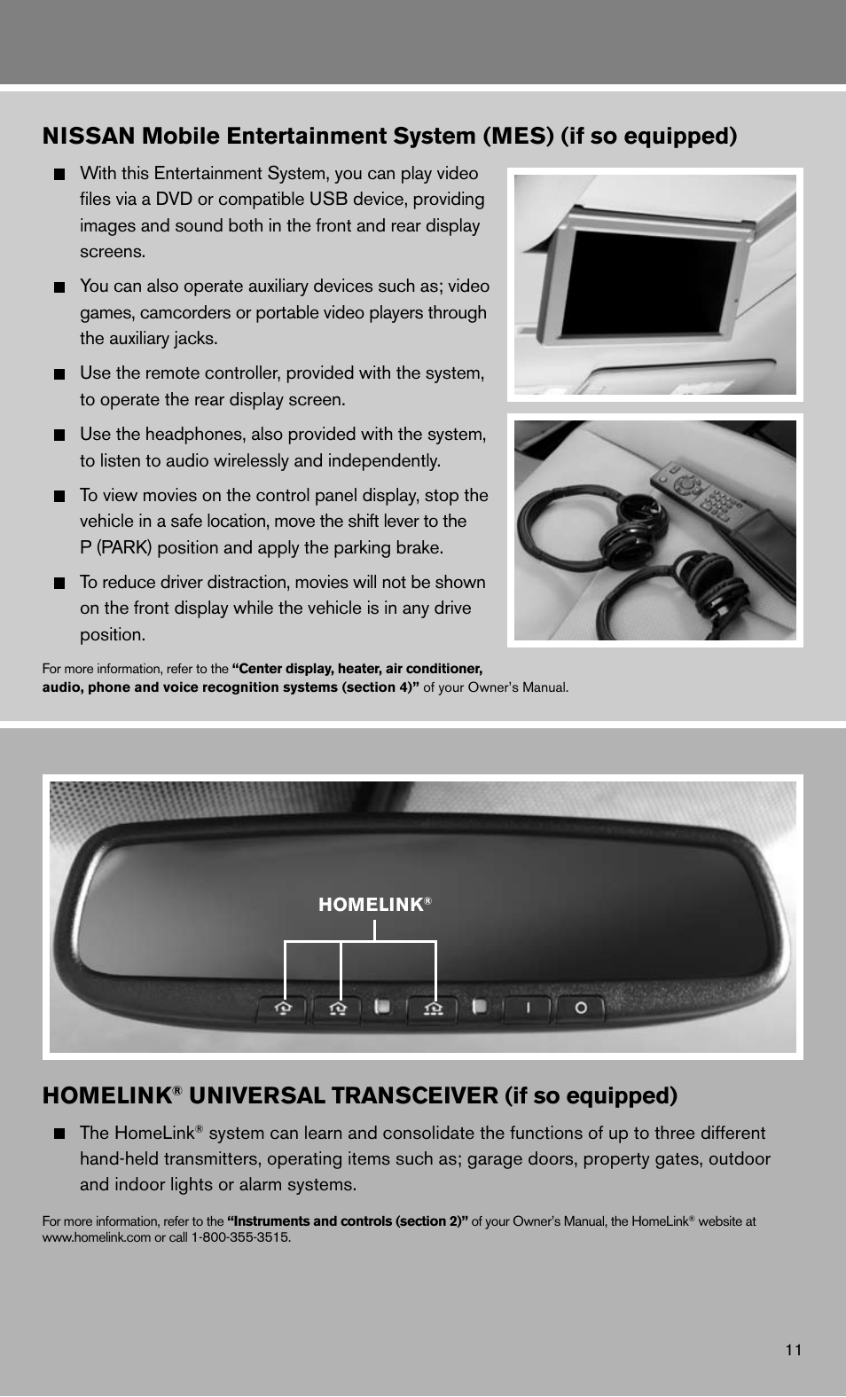 Homelink, Universal transceiver (if so equipped) | NISSAN 2011 Quest - Quick Reference Guide User Manual | Page 13 / 16