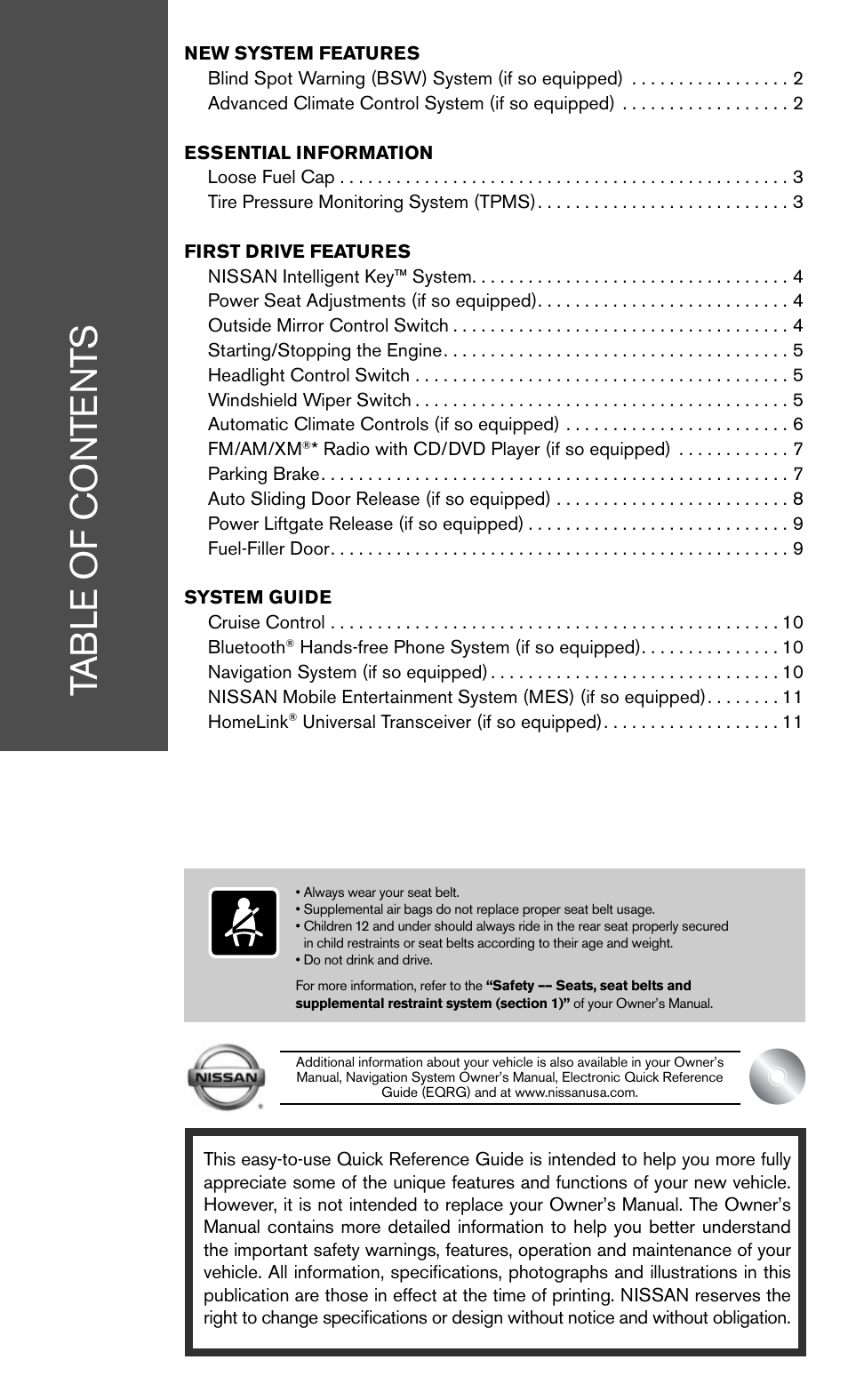 NISSAN 2011 Quest - Quick Reference Guide User Manual | Page 3 / 16