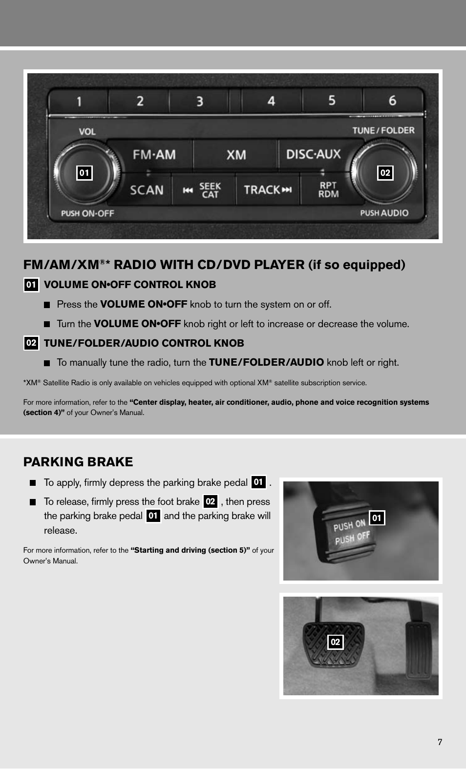 Parking brake, Fm/am/xm, Radio with cd/dvd player (if so equipped) | NISSAN 2011 Quest - Quick Reference Guide User Manual | Page 9 / 16