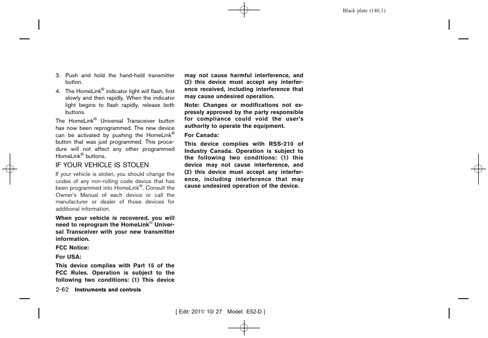 If your vehicle is stolen -62 | NISSAN 2012 Quest - Owner's Manual User Manual | Page 143 / 476