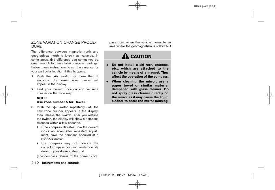 Zone variation change procedure -10, Caution | NISSAN 2012 Quest - Owner's Manual User Manual | Page 91 / 476