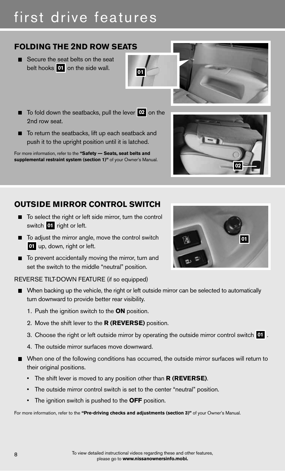 First drive features, Outside mirror control switch, Folding the | Nd row seats | NISSAN 2012 Quest - Quick Reference Guide User Manual | Page 10 / 24