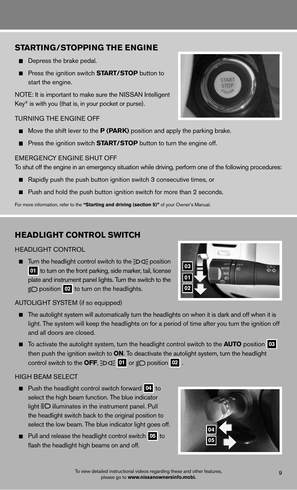 Starting/stopping the engine, Headlight control switch | NISSAN 2012 Quest - Quick Reference Guide User Manual | Page 11 / 24