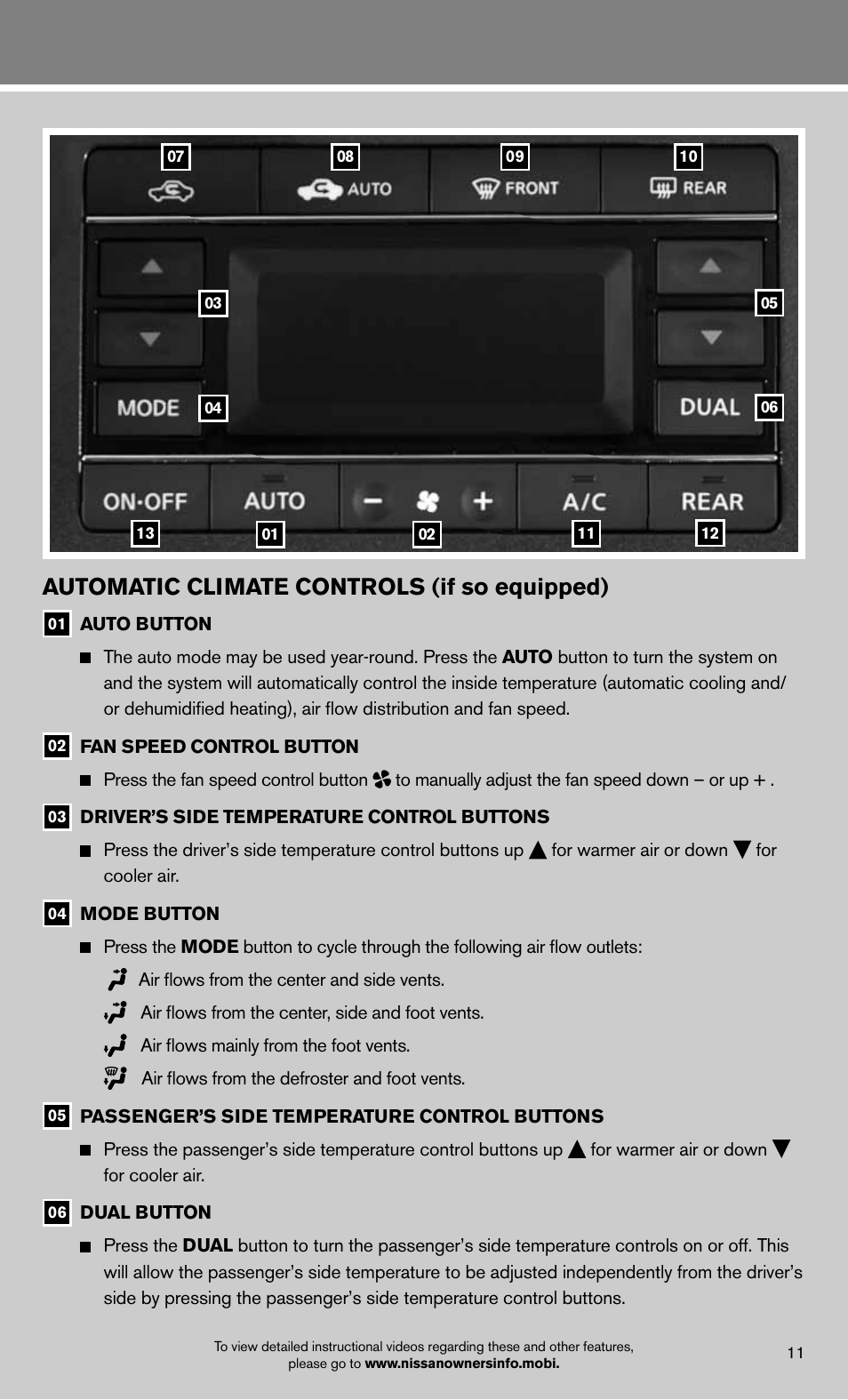 Automatic climate controls (if so equipped) | NISSAN 2012 Quest - Quick Reference Guide User Manual | Page 13 / 24