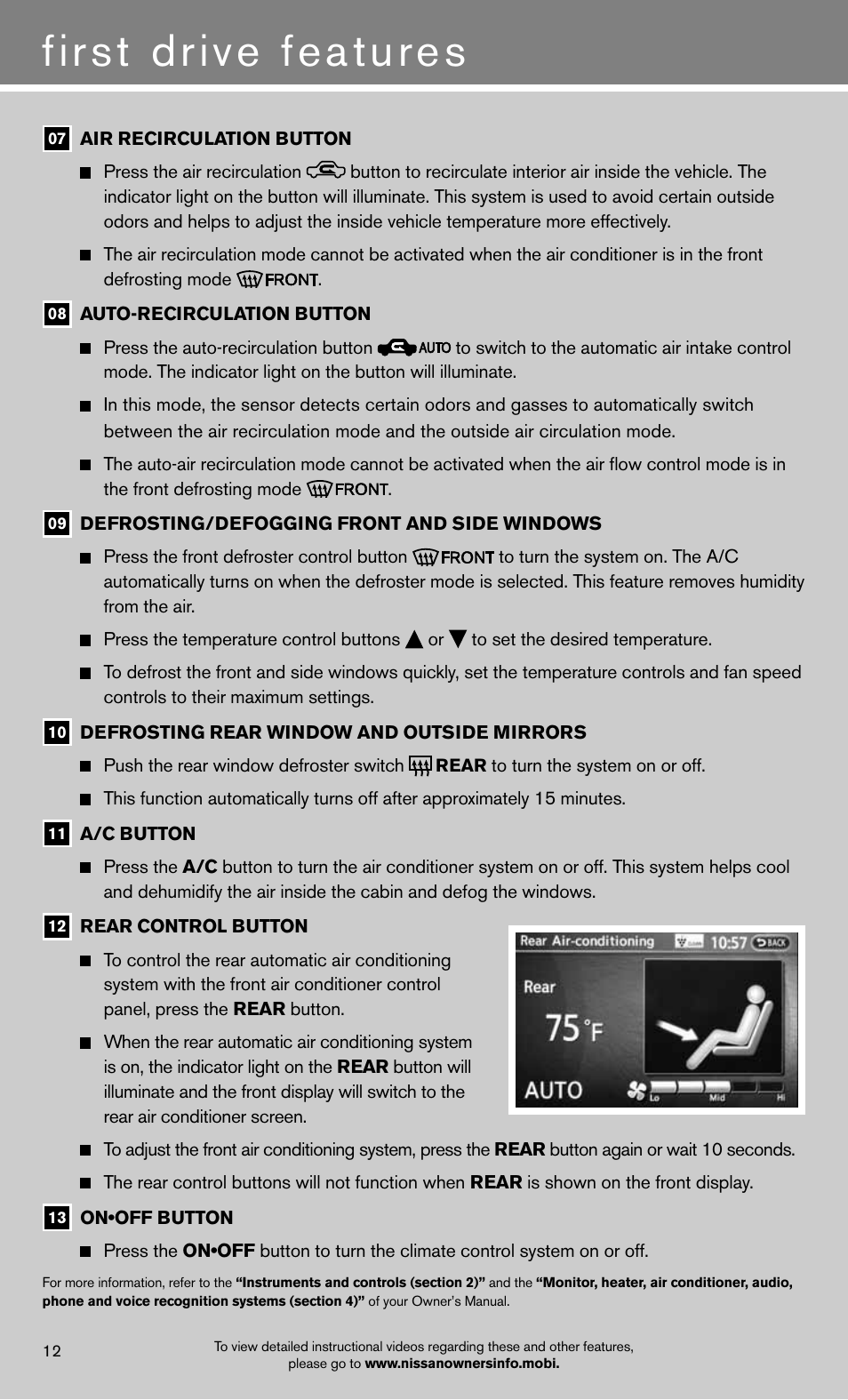 First drive features | NISSAN 2012 Quest - Quick Reference Guide User Manual | Page 14 / 24