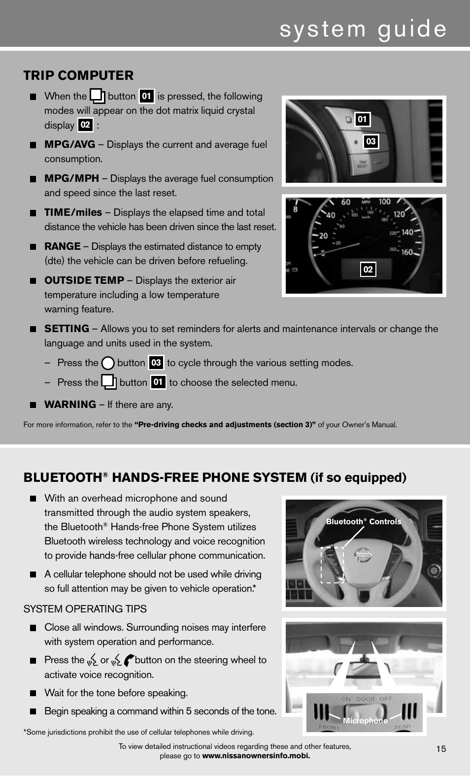 System guide, Trip computer, Bluetooth | Hands-free phone system (if so equipped) | NISSAN 2012 Quest - Quick Reference Guide User Manual | Page 17 / 24