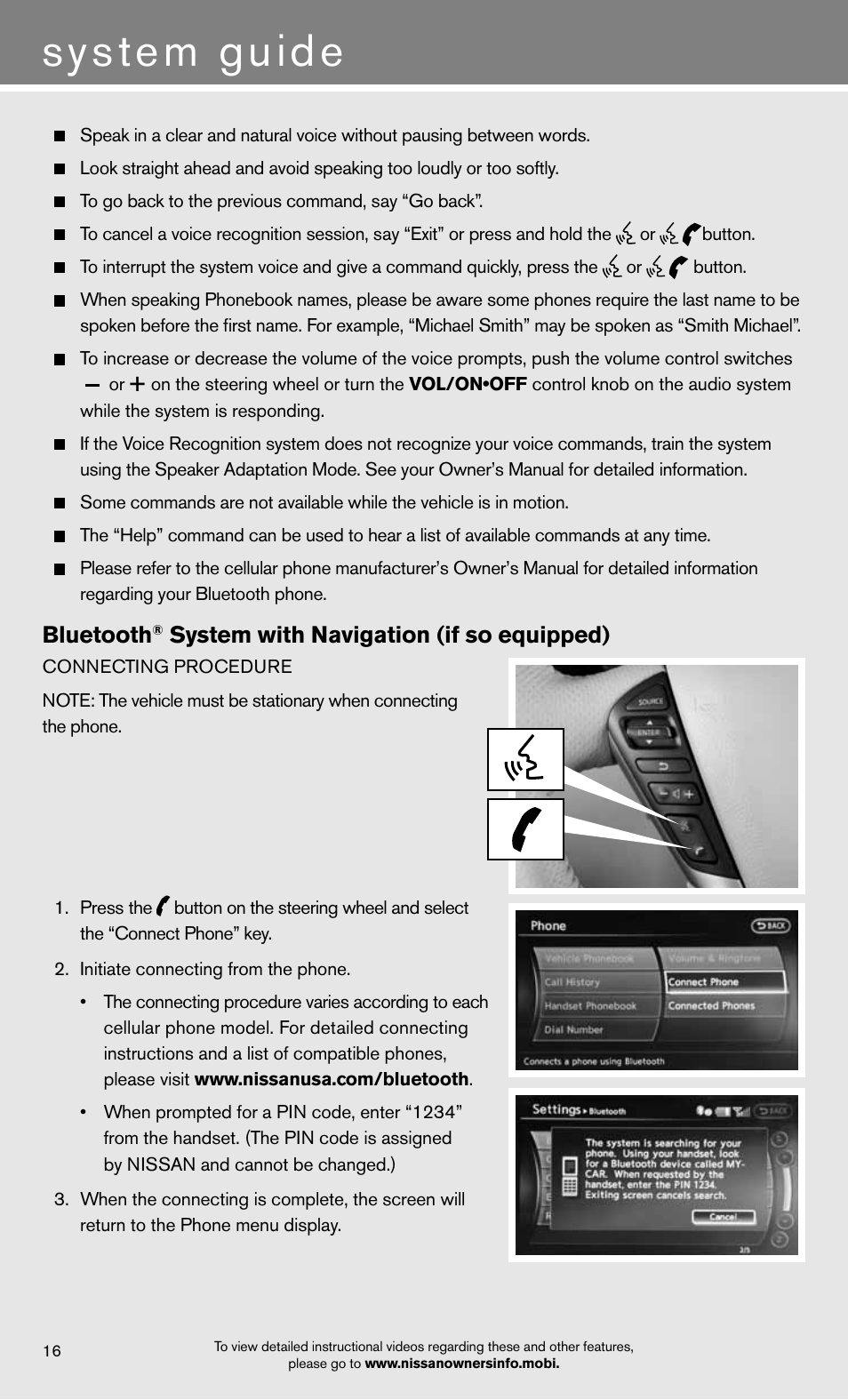 System guide, Bluetooth, System with navigation (if so equipped) | NISSAN 2012 Quest - Quick Reference Guide User Manual | Page 18 / 24