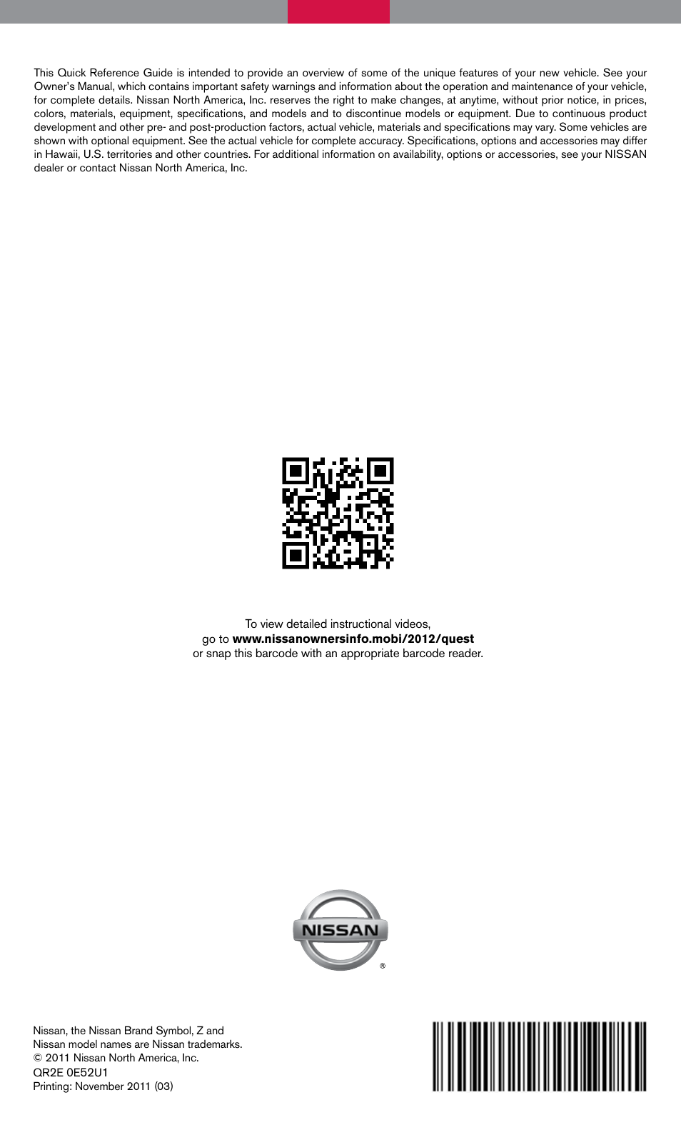 NISSAN 2012 Quest - Quick Reference Guide User Manual | Page 24 / 24