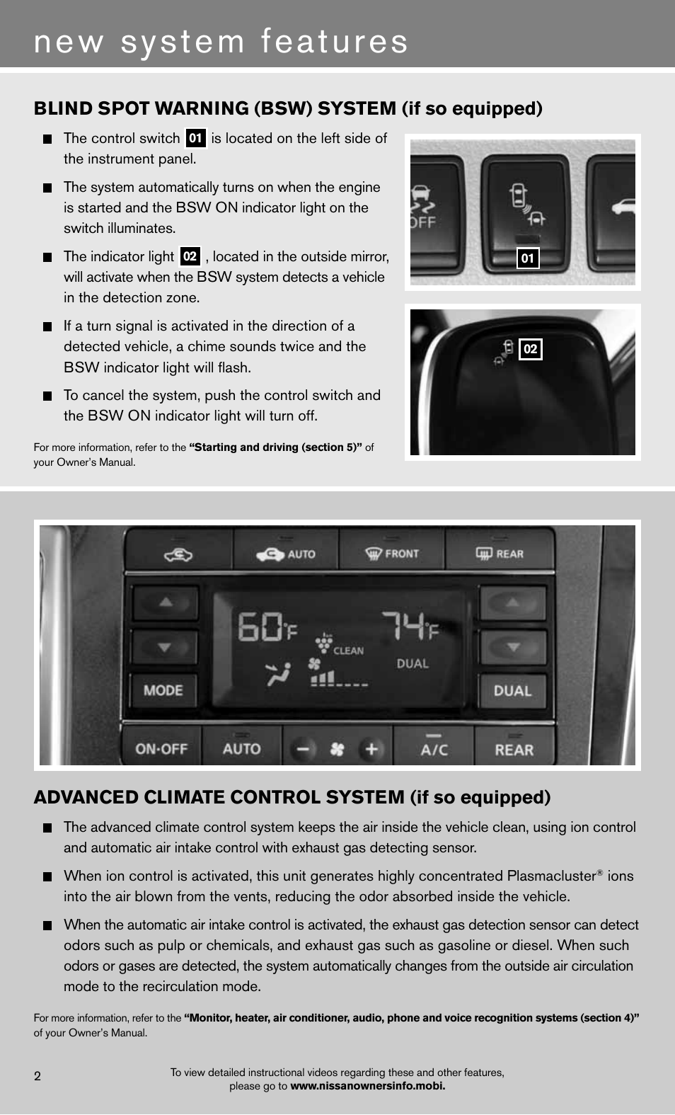 New system features, Blind spot warning (bsw) system (if so equipped), Advanced climate control system (if so equipped) | NISSAN 2012 Quest - Quick Reference Guide User Manual | Page 4 / 24