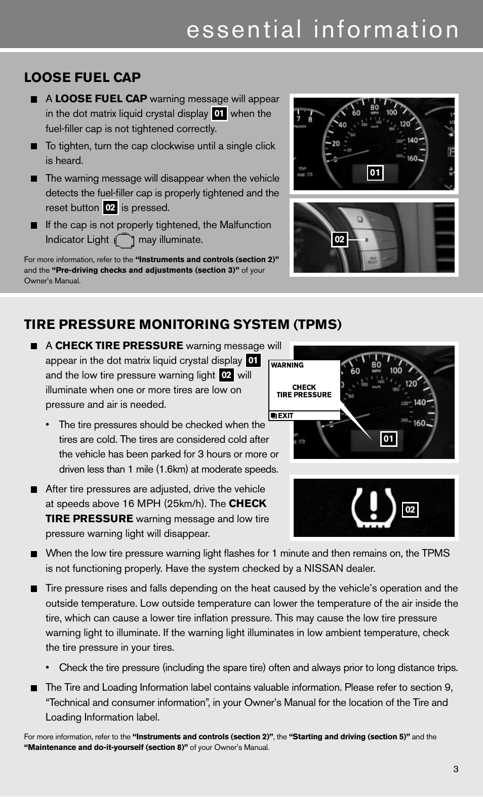 Essential information, Tire pressure monitoring system (tpms), Loose fuel cap | NISSAN 2012 Quest - Quick Reference Guide User Manual | Page 5 / 24