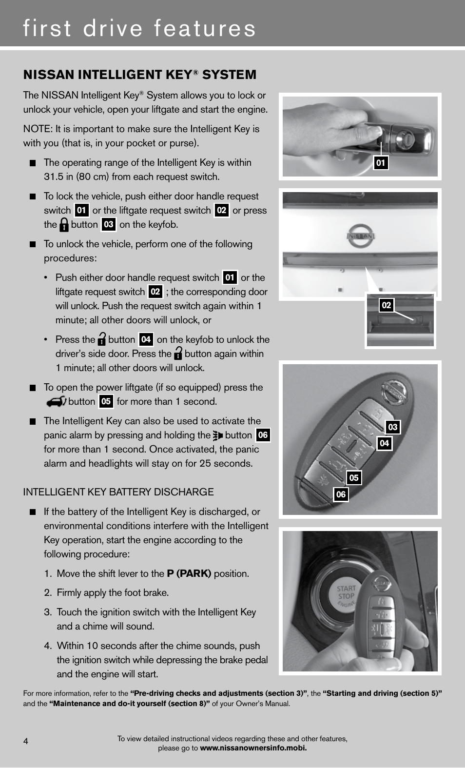 First drive features, Nissan intelligent key, System | NISSAN 2012 Quest - Quick Reference Guide User Manual | Page 6 / 24