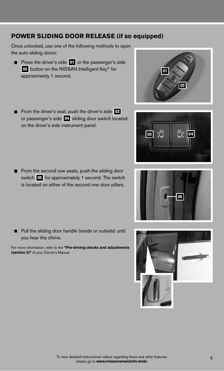 Power sliding door release (if so equipped) | NISSAN 2012 Quest - Quick Reference Guide User Manual | Page 7 / 24