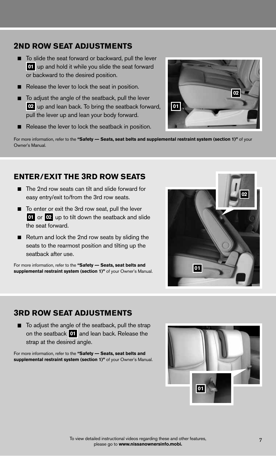 Nd row seat adjustments, Enter/exit the, Rd row seats | Rd row seat adjustments | NISSAN 2012 Quest - Quick Reference Guide User Manual | Page 9 / 24