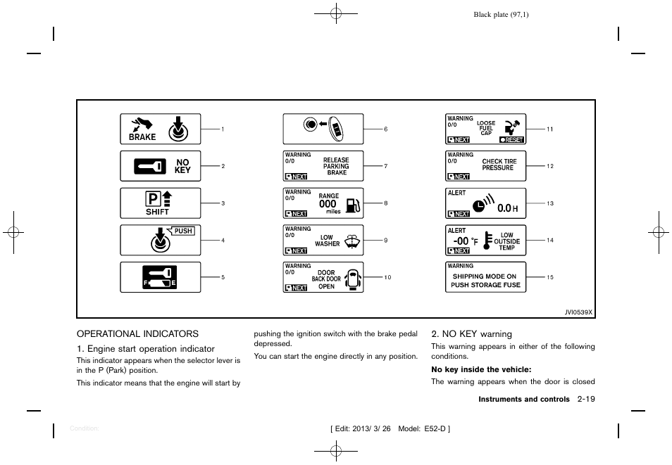 Operational indicators -19 | NISSAN 2013 Quest - Owner's Manual User Manual | Page 101 / 485