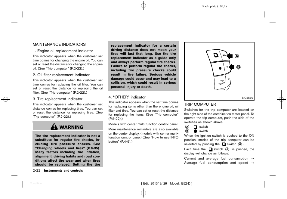 Maintenance indicators -22 trip computer -22, Warning | NISSAN 2013 Quest - Owner's Manual User Manual | Page 104 / 485