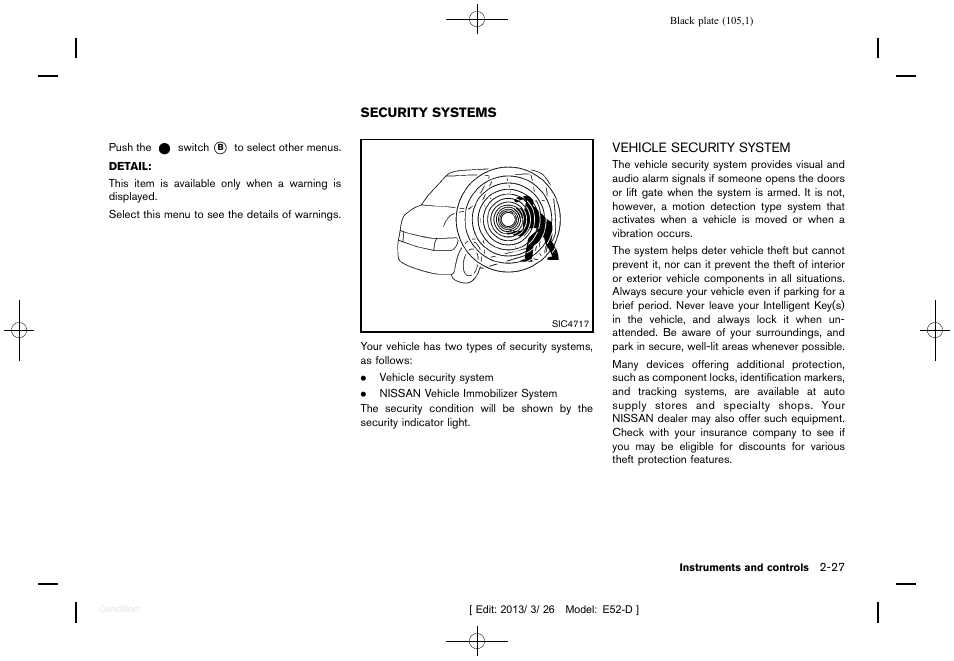 Security systems -27, Vehicle security system -27 | NISSAN 2013 Quest - Owner's Manual User Manual | Page 109 / 485