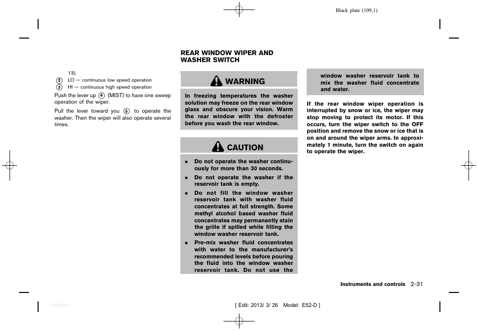 Rear window wiper and washer switch -31, Warning, Caution | NISSAN 2013 Quest - Owner's Manual User Manual | Page 113 / 485