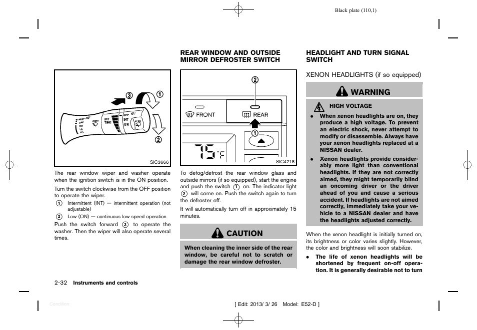 Xenon headlights (if so equipped) -32, Caution, Warning | NISSAN 2013 Quest - Owner's Manual User Manual | Page 114 / 485