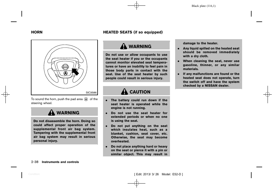 Horn -38 heated seats (if so equipped) -38, Warning, Caution | NISSAN 2013 Quest - Owner's Manual User Manual | Page 120 / 485