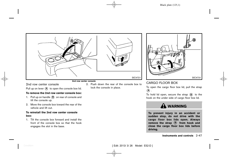 Cargo floor box -47, Warning | NISSAN 2013 Quest - Owner's Manual User Manual | Page 129 / 485