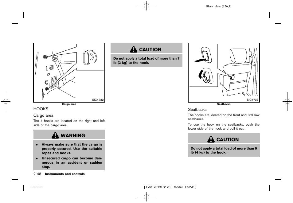 Hooks -48, Warning, Caution | NISSAN 2013 Quest - Owner's Manual User Manual | Page 130 / 485