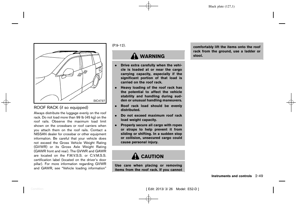 Roof rack (if so equipped) -49, Warning, Caution | NISSAN 2013 Quest - Owner's Manual User Manual | Page 131 / 485