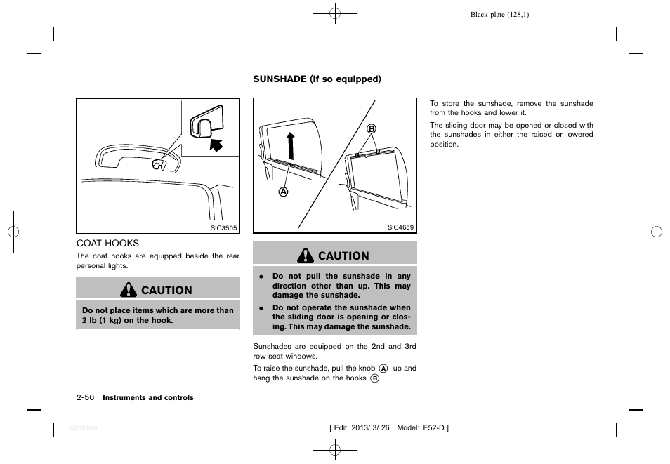 Coat hooks -50, Sunshade (if so equipped) -50, Caution | NISSAN 2013 Quest - Owner's Manual User Manual | Page 132 / 485