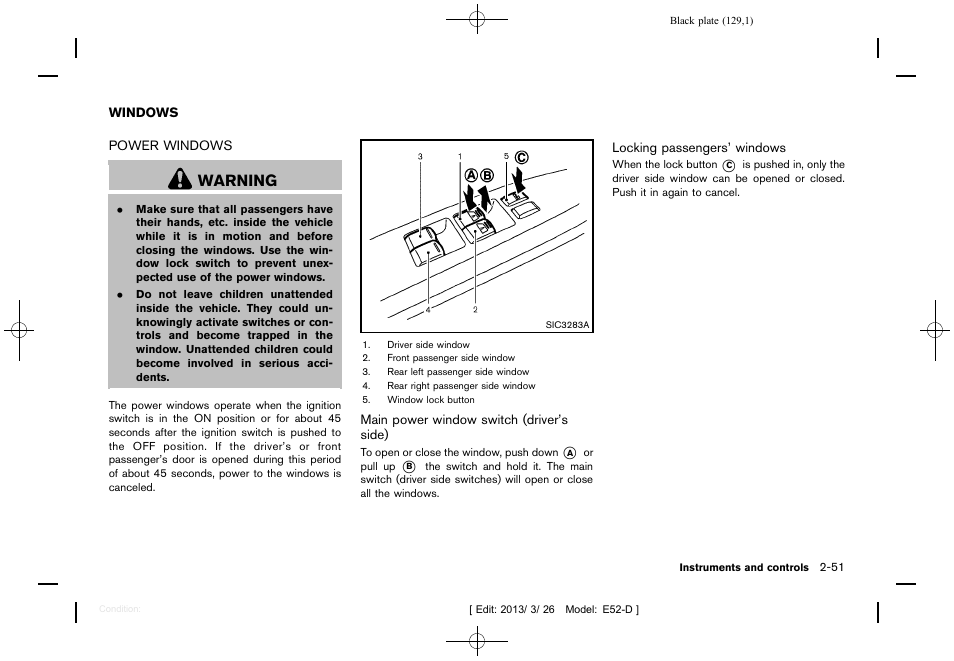 Windows -51, Power windows -51, Warning | NISSAN 2013 Quest - Owner's Manual User Manual | Page 133 / 485