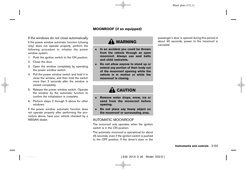 Moonroof (if so equipped) -53, Automatic moonroof -53, Warning | Caution | NISSAN 2013 Quest - Owner's Manual User Manual | Page 135 / 485