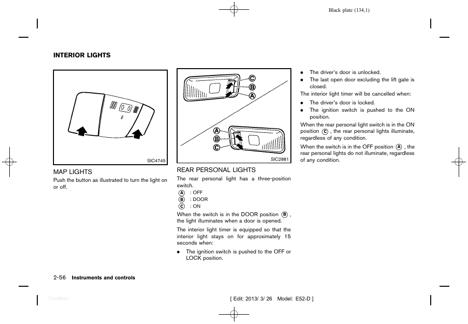 Interior lights -56, Map lights -56 rear personal lights -56 | NISSAN 2013 Quest - Owner's Manual User Manual | Page 138 / 485