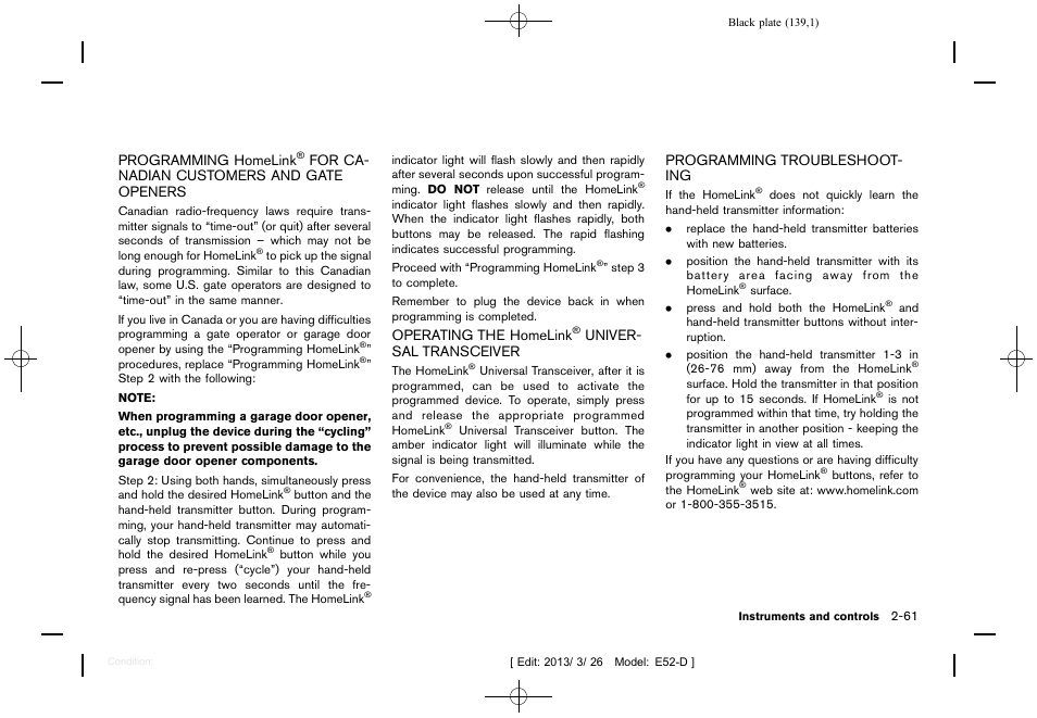 Programming homelink, For canadian customers, And gate openers -61 operating the homelink | NISSAN 2013 Quest - Owner's Manual User Manual | Page 143 / 485