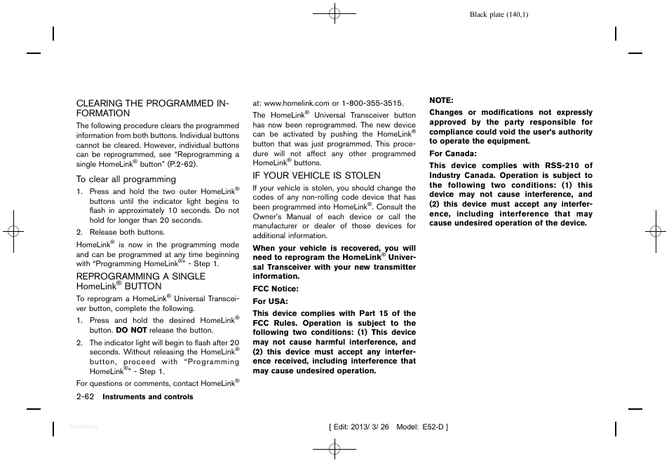 Button -62, If your vehicle is stolen -62 | NISSAN 2013 Quest - Owner's Manual User Manual | Page 144 / 485