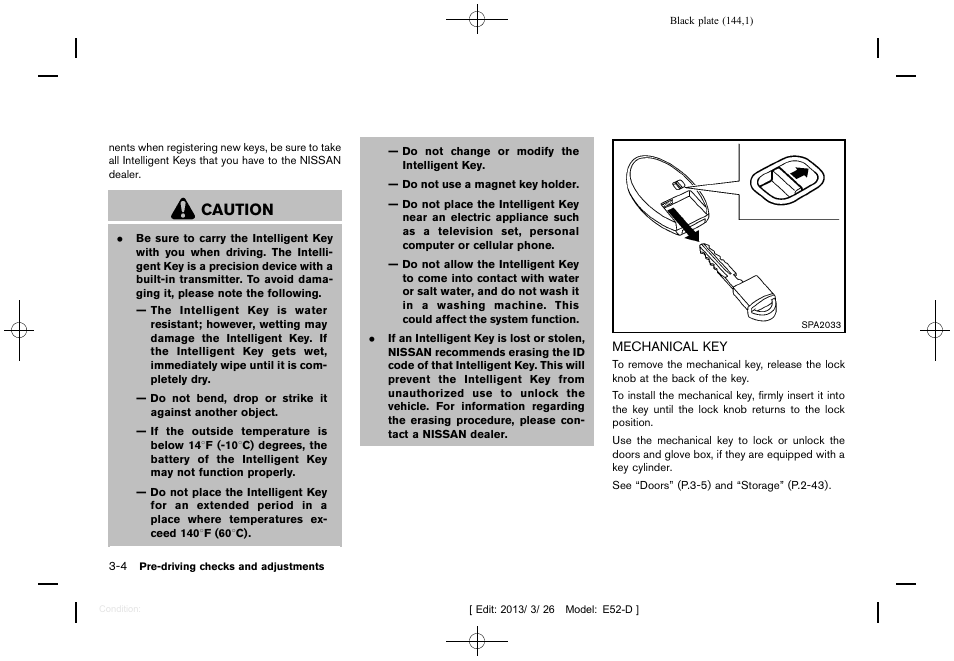 Mechanical key -4, Caution | NISSAN 2013 Quest - Owner's Manual User Manual | Page 148 / 485