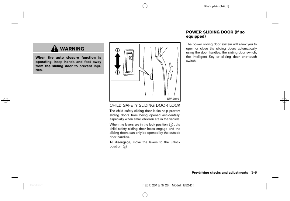 Child safety sliding door lock -9, Power sliding door (if so equipped) -9, Warning | NISSAN 2013 Quest - Owner's Manual User Manual | Page 153 / 485