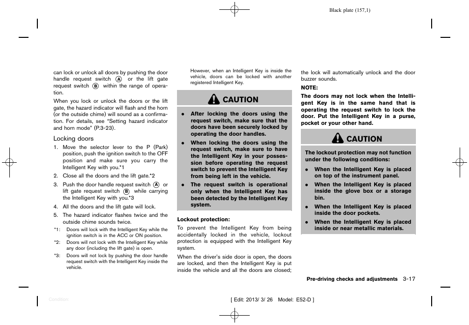 Caution | NISSAN 2013 Quest - Owner's Manual User Manual | Page 161 / 485