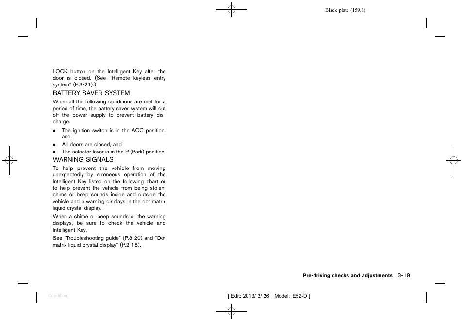 Battery saver system -19 warning signals -19 | NISSAN 2013 Quest - Owner's Manual User Manual | Page 163 / 485