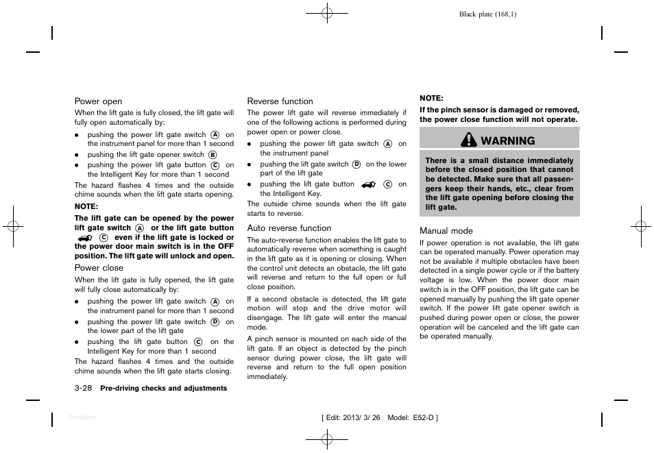 Warning | NISSAN 2013 Quest - Owner's Manual User Manual | Page 172 / 485