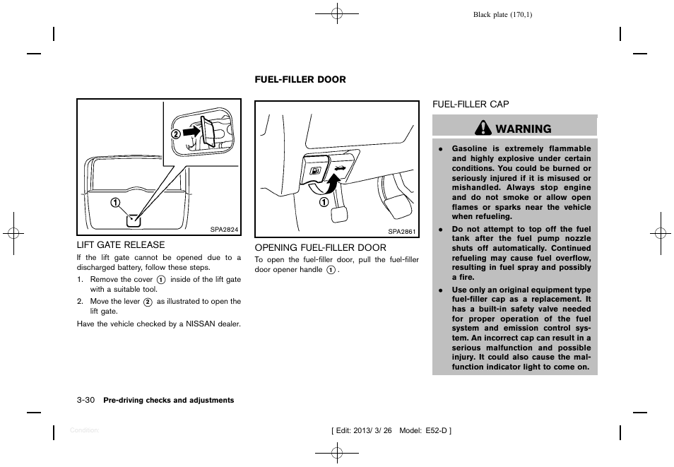 Lift gate release -30, Fuel-filler door -30, Opening fuel-filler door -30 fuel-filler cap -30 | Warning | NISSAN 2013 Quest - Owner's Manual User Manual | Page 174 / 485