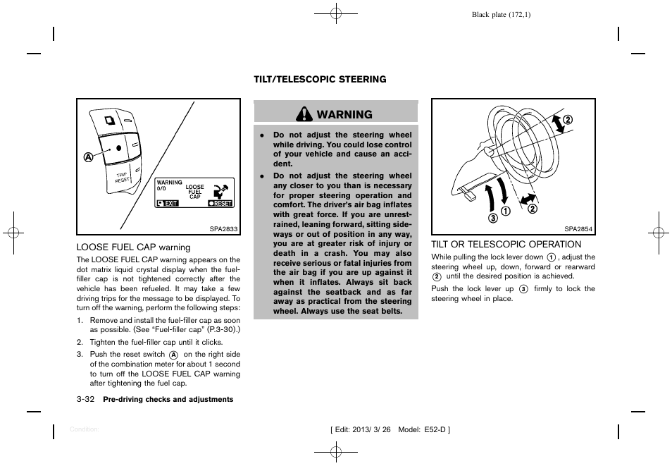 Tilt/telescopic steering -32, Tilt or telescopic operation -32, Warning | NISSAN 2013 Quest - Owner's Manual User Manual | Page 176 / 485