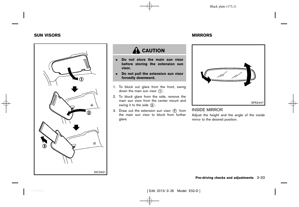 Sun visors -33 mirrors -33, Inside mirror -33, Caution | NISSAN 2013 Quest - Owner's Manual User Manual | Page 177 / 485